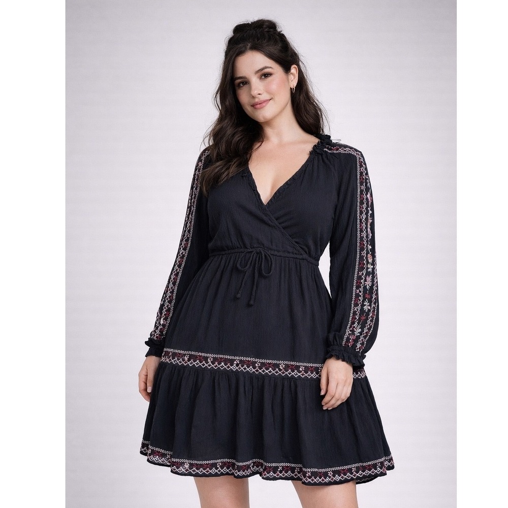 American Eagle Embroidered Mini Dress Womens Medium Black Boho Peasant Festival